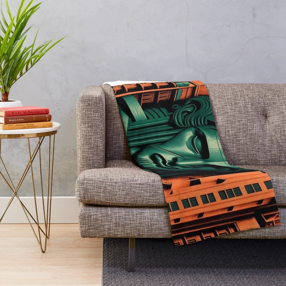Futuristic plush blanket with city skyline and cinematic lighting effects