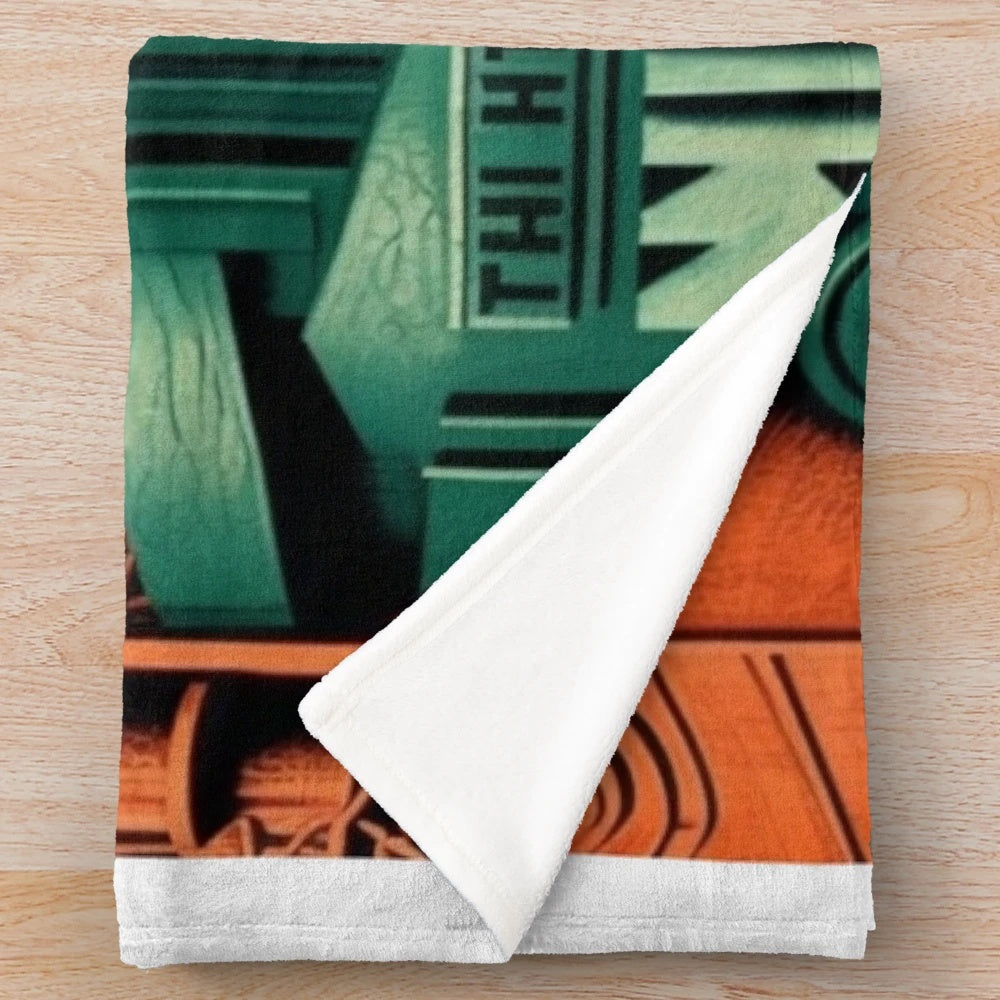 Futuristic plush blanket with city skyline and cinematic lighting effects