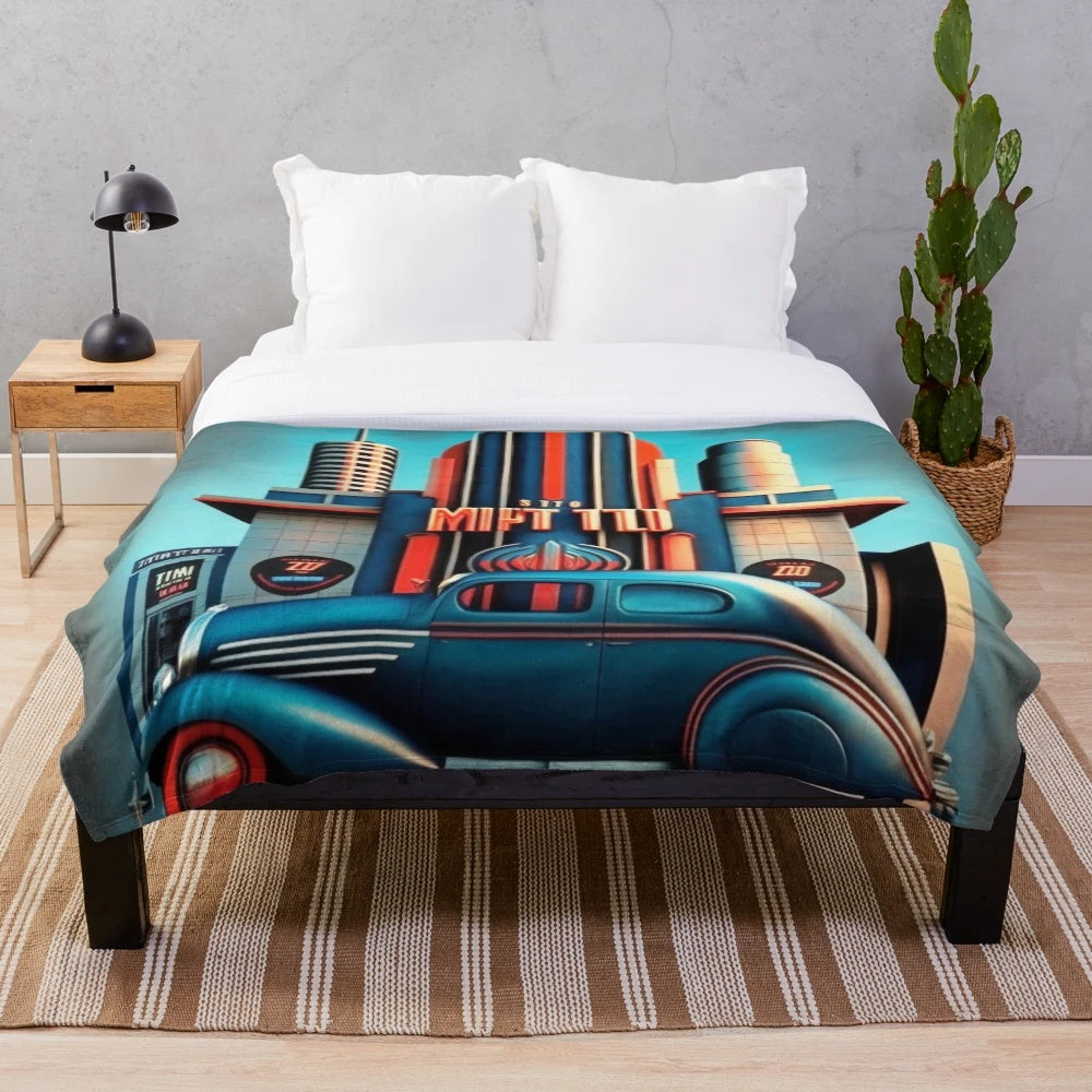 Futuristic city-themed plush blanket with cinema and automotive elements