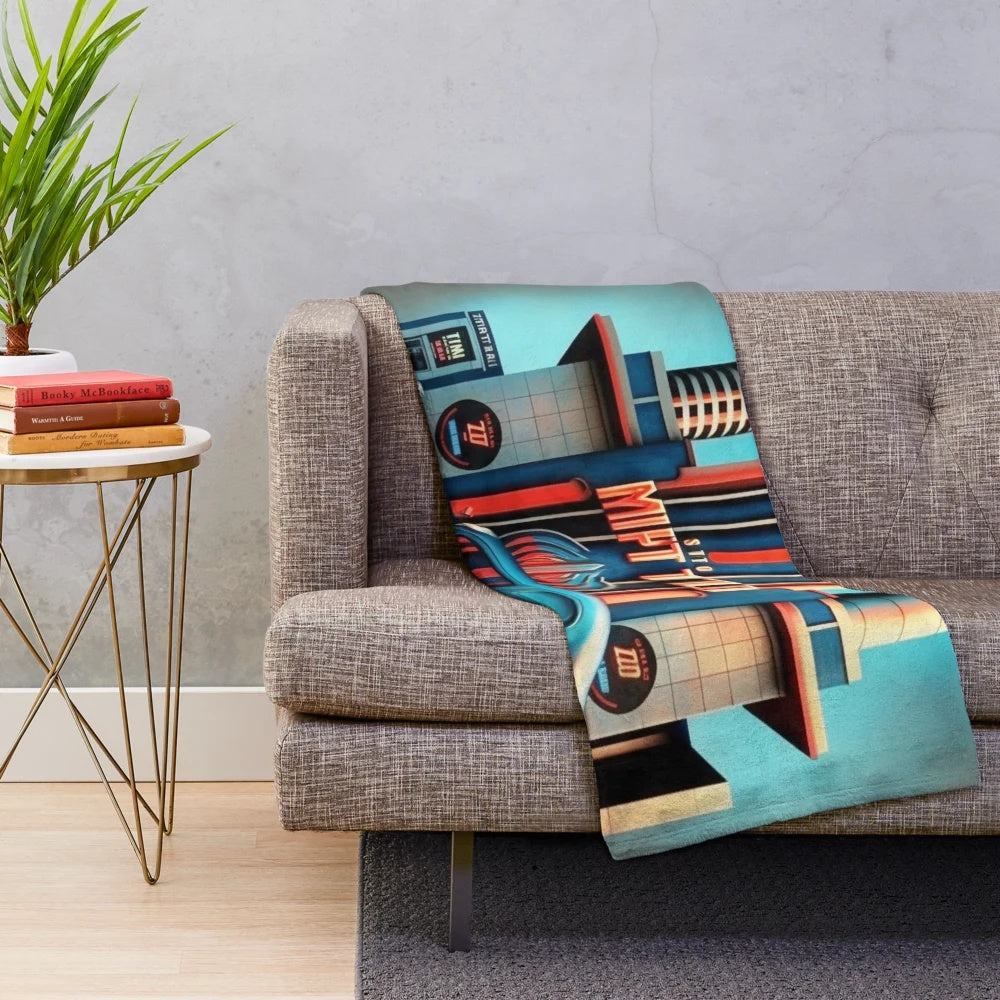 Futuristic city-themed plush blanket with cinema and automotive elements
