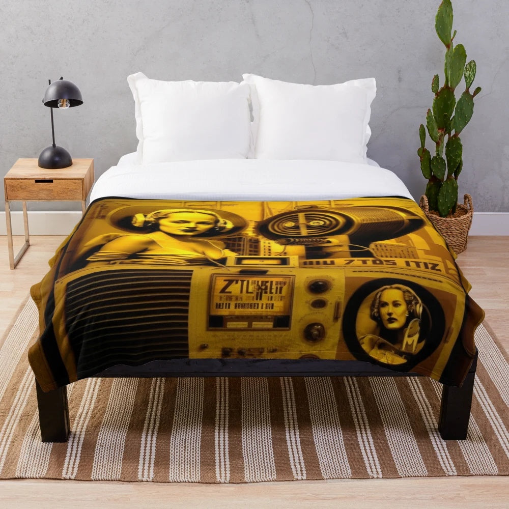 Futuristic city themed plush blanket with cinematic elements