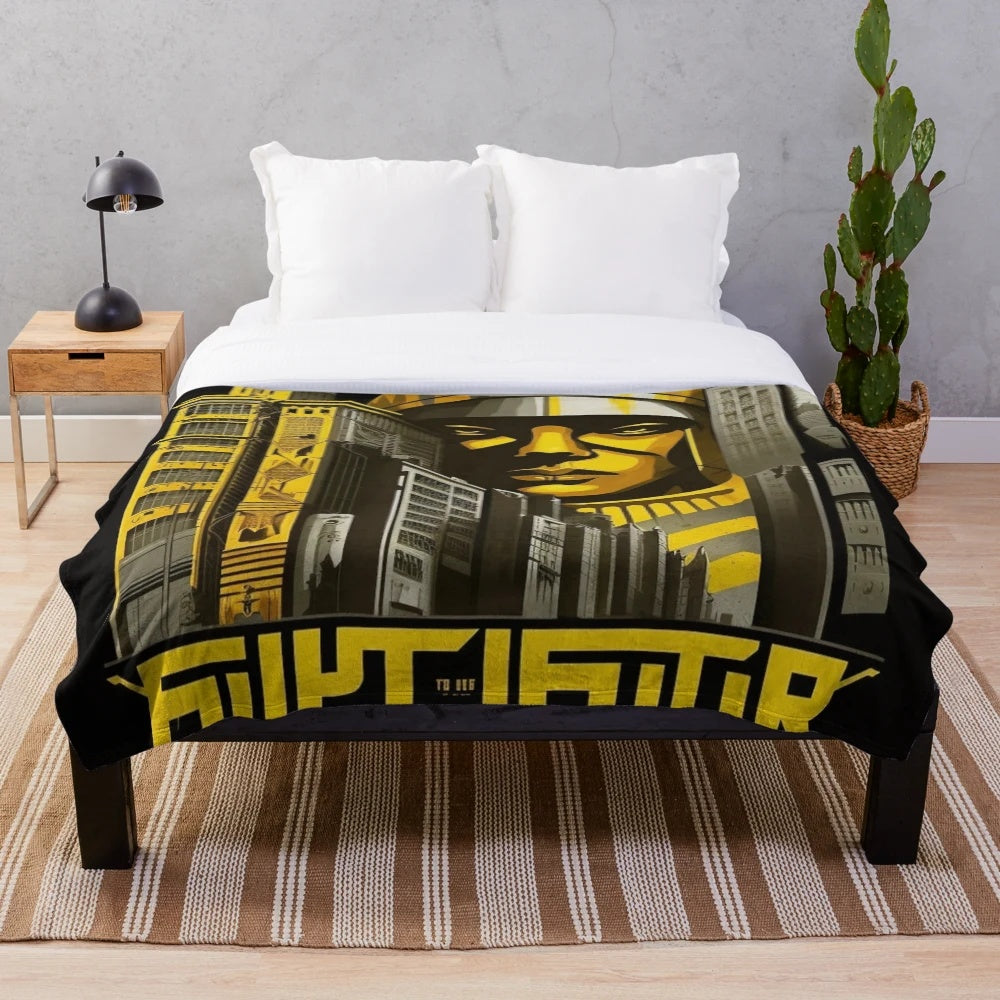 Futuristic plush blanket with cityscape, cinema, and movie themes