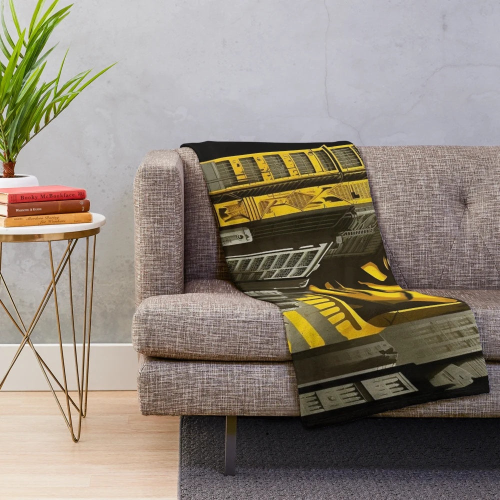 Futuristic plush blanket with cityscape, cinema, and movie themes