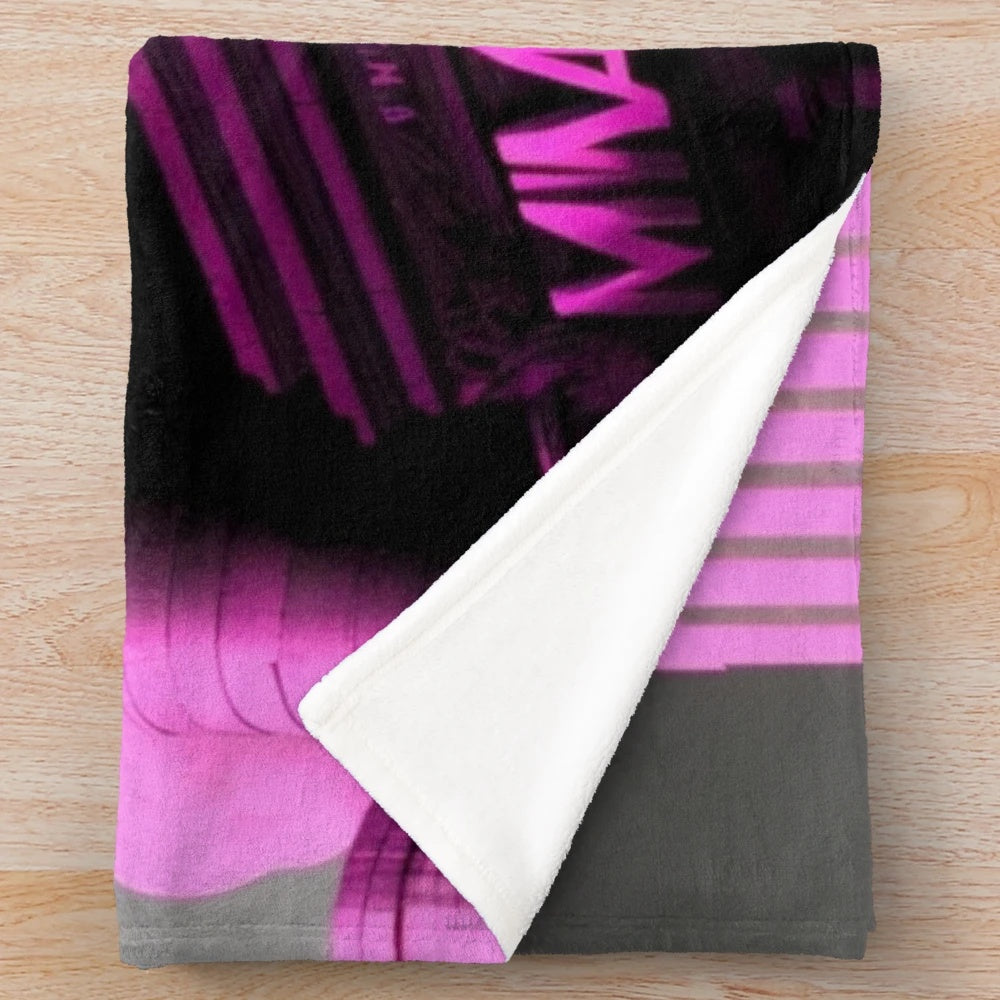 Futuristic cityscape plush blanket with art deco cinema and movie theater design