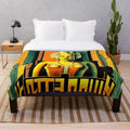 Futuristic cityscape plush blanket with bold cinema-inspired colors and patterns