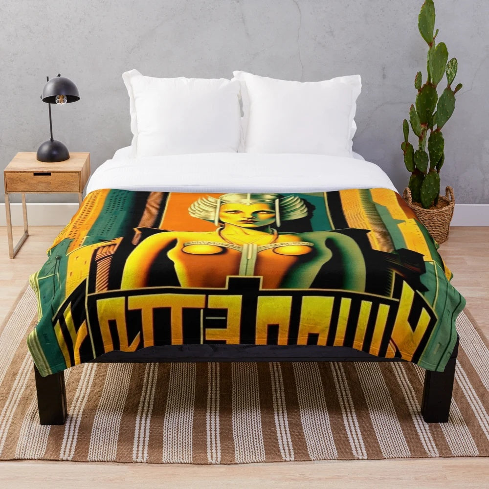 Futuristic cityscape plush blanket with bold cinema-inspired colors and patterns