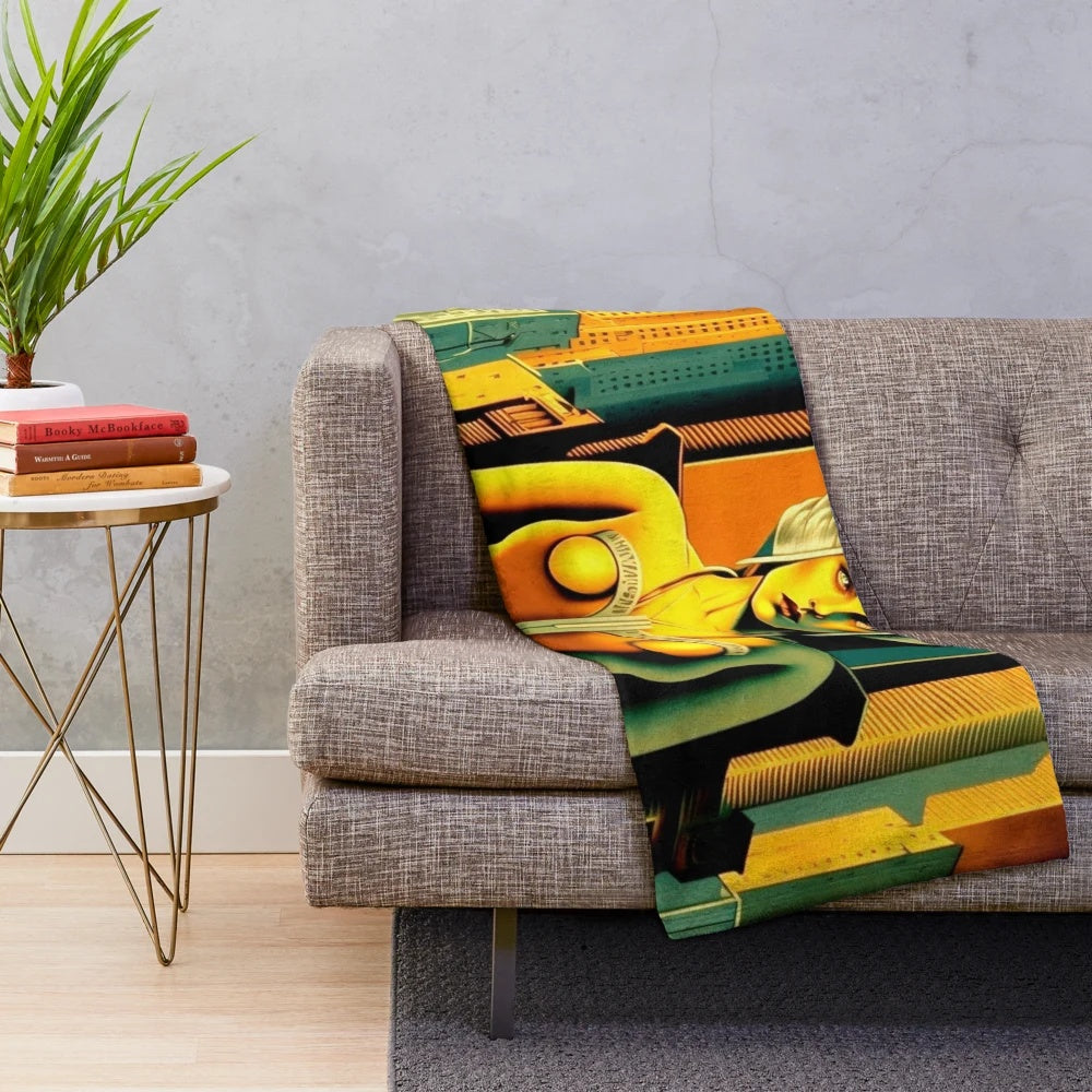 Futuristic cityscape plush blanket with bold cinema-inspired colors and patterns