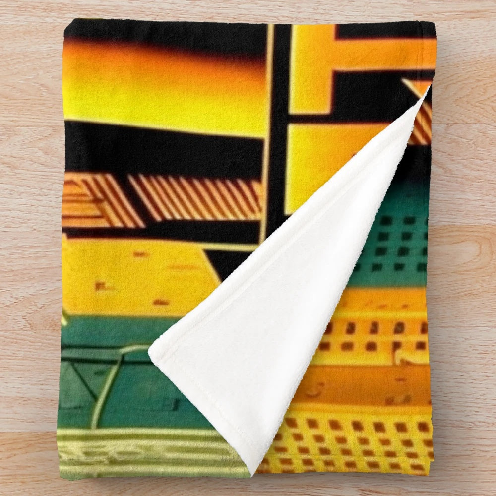 Futuristic cityscape plush blanket with bold cinema-inspired colors and patterns