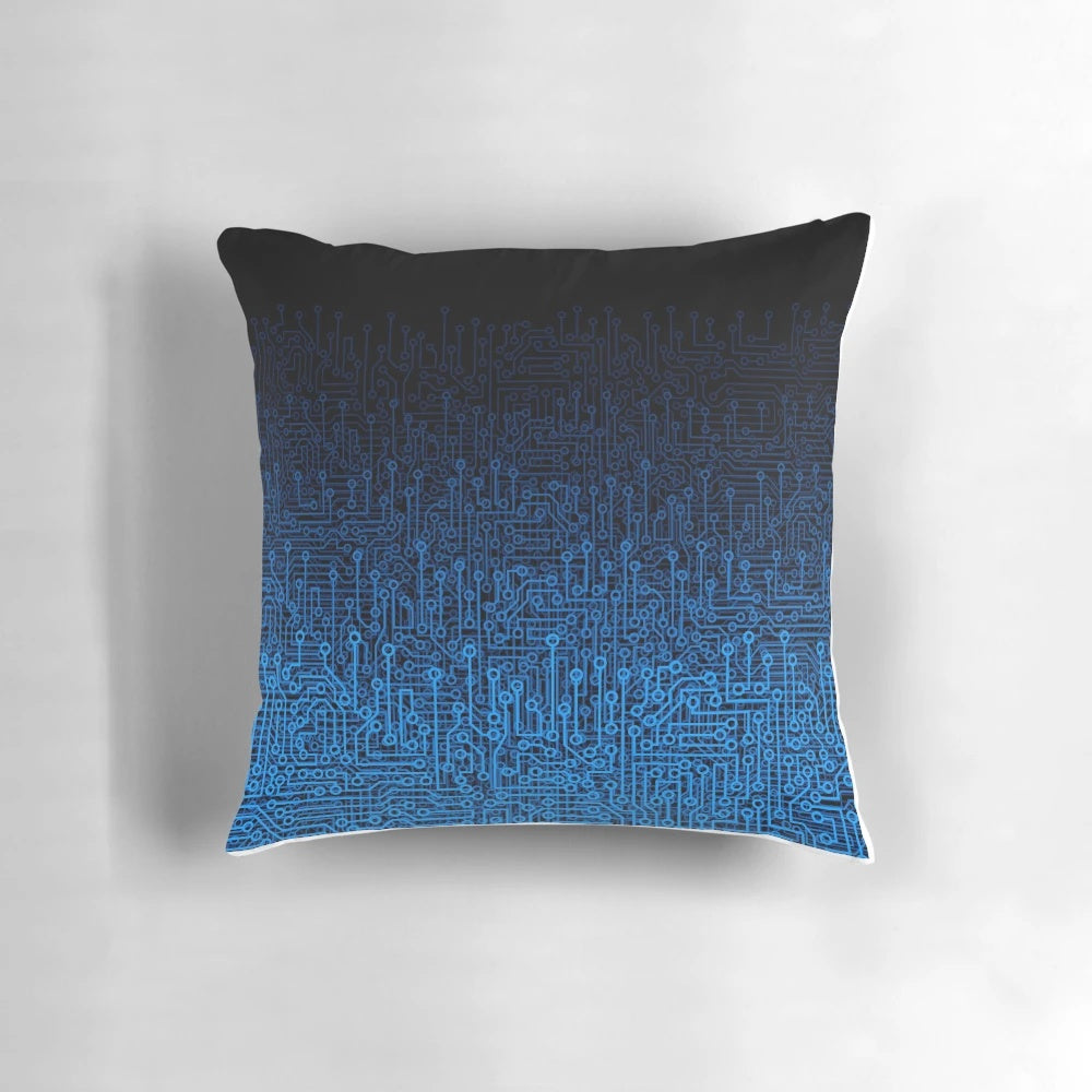 Futuristic computer circuit board pattern printed on a comfortable pillow, ideal for gamers and tech enthusiasts.