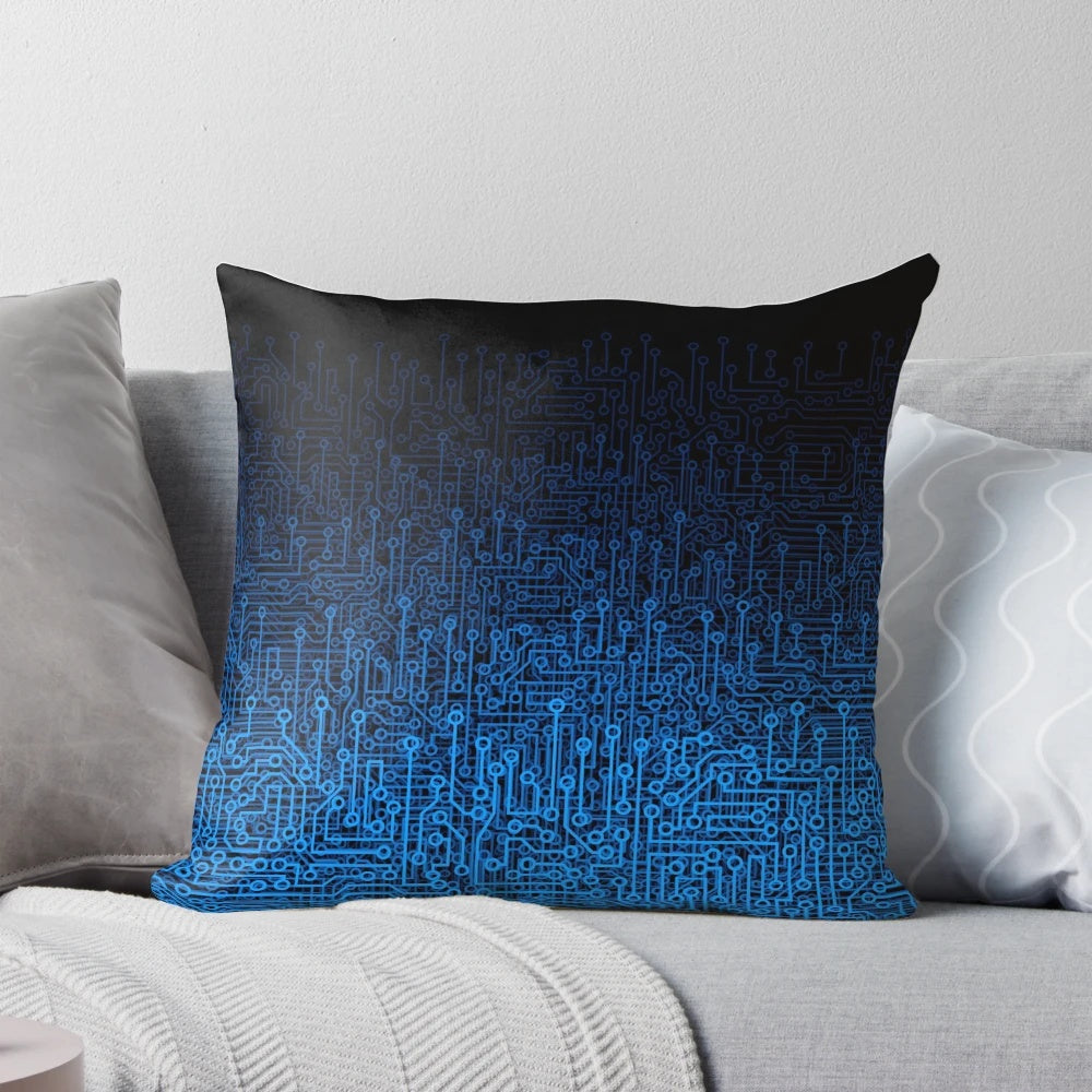 Futuristic computer circuit board pattern printed on a comfortable pillow, ideal for gamers and tech enthusiasts.