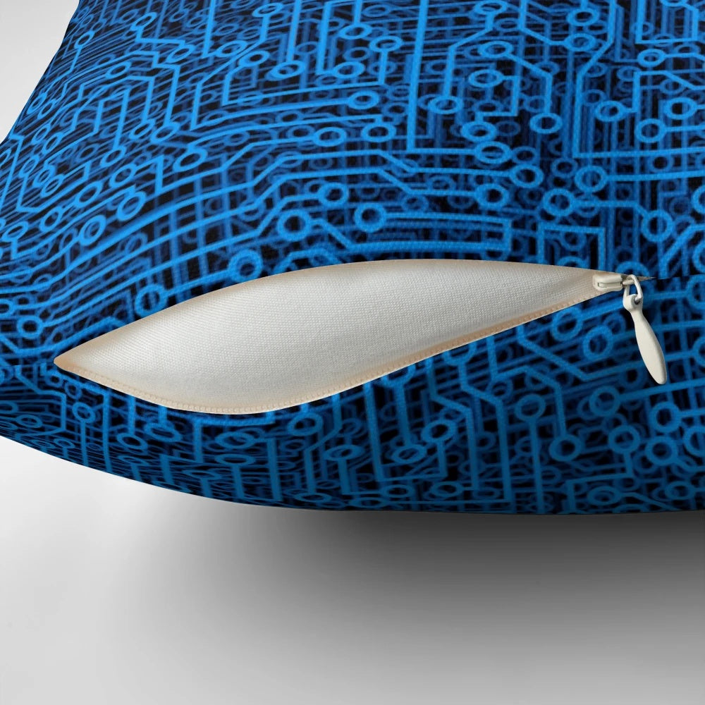Futuristic computer circuit board pattern printed on a comfortable pillow, ideal for gamers and tech enthusiasts.
