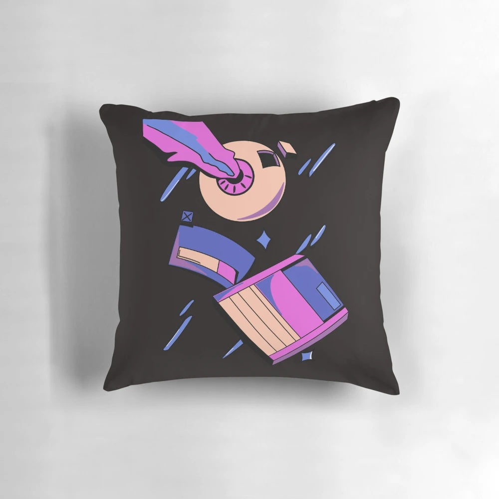 Illustration of eyes with a lightning bolt and futuristic elements on a pillow