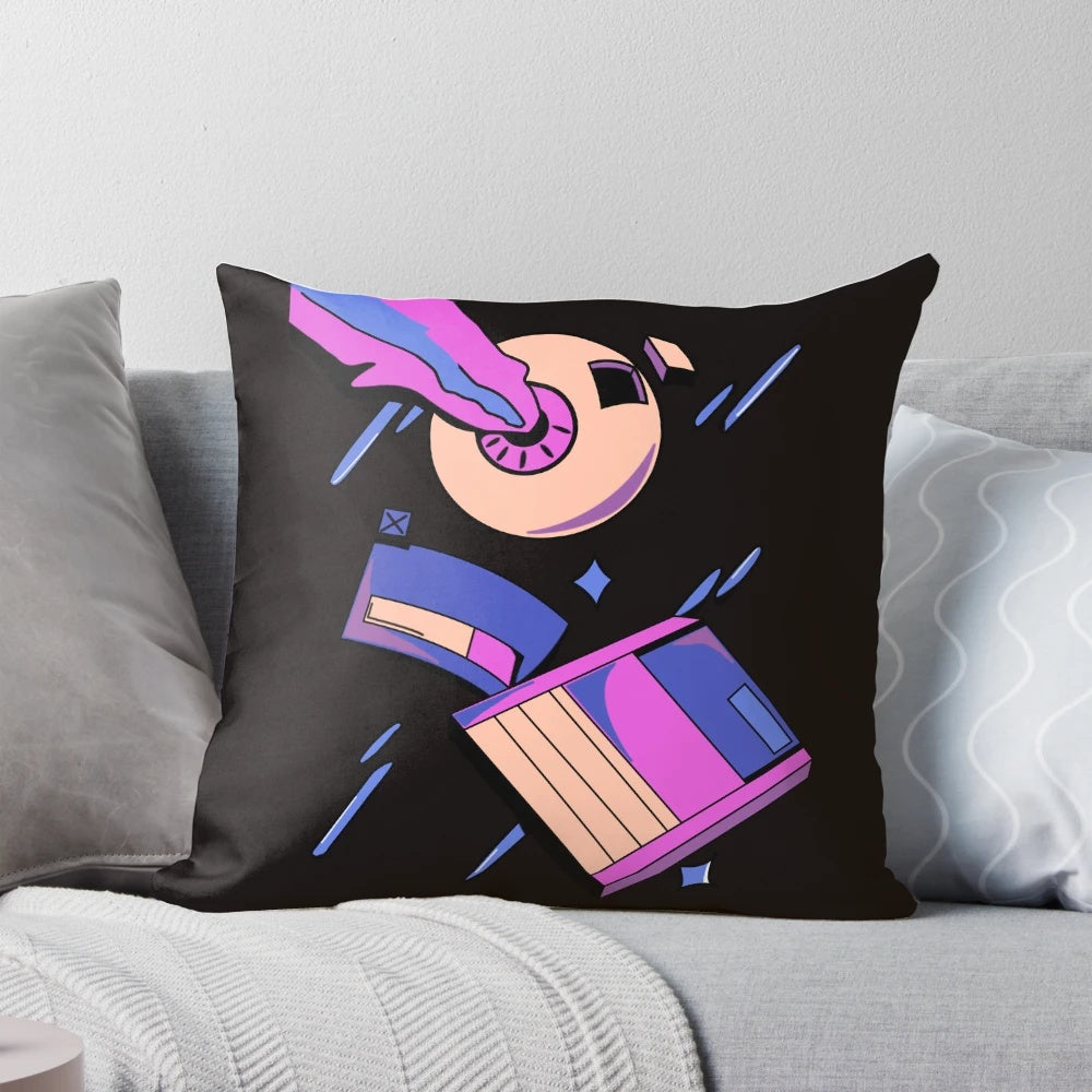 Illustration of eyes with a lightning bolt and futuristic elements on a pillow