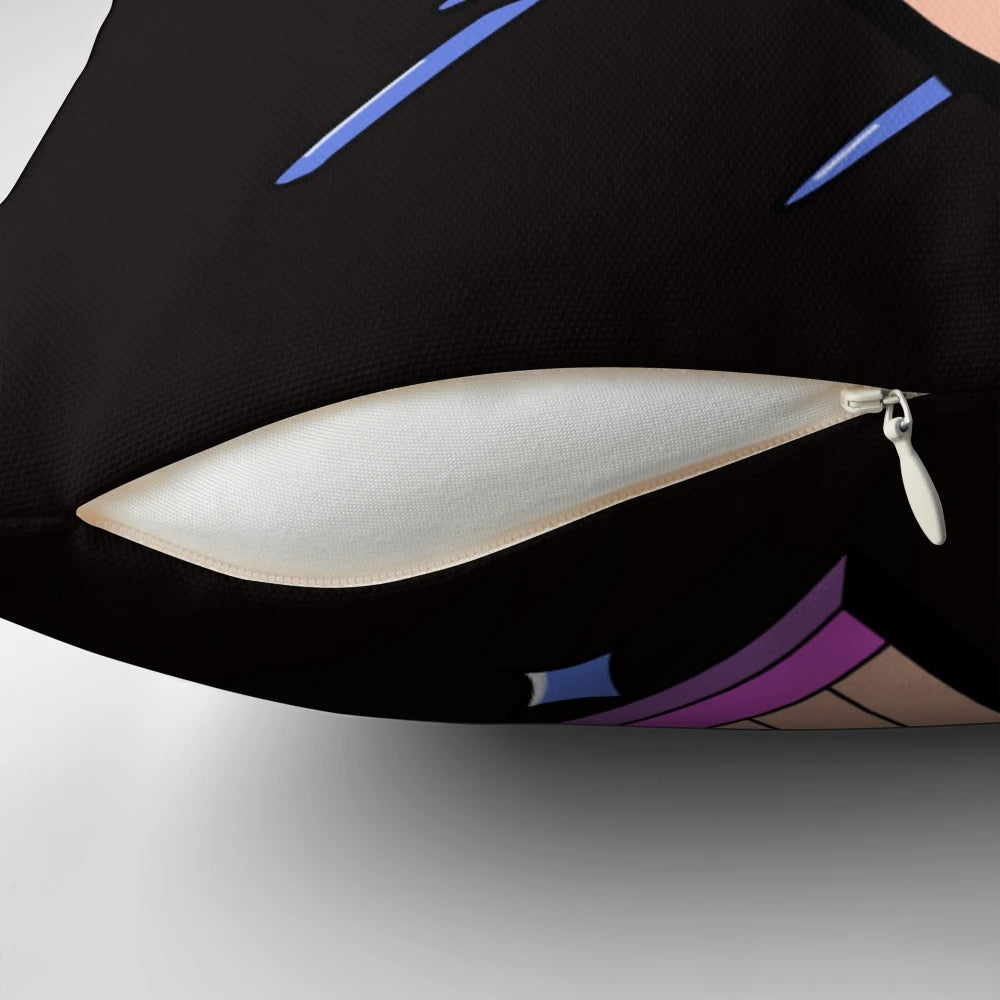 Illustration of eyes with a lightning bolt and futuristic elements on a pillow