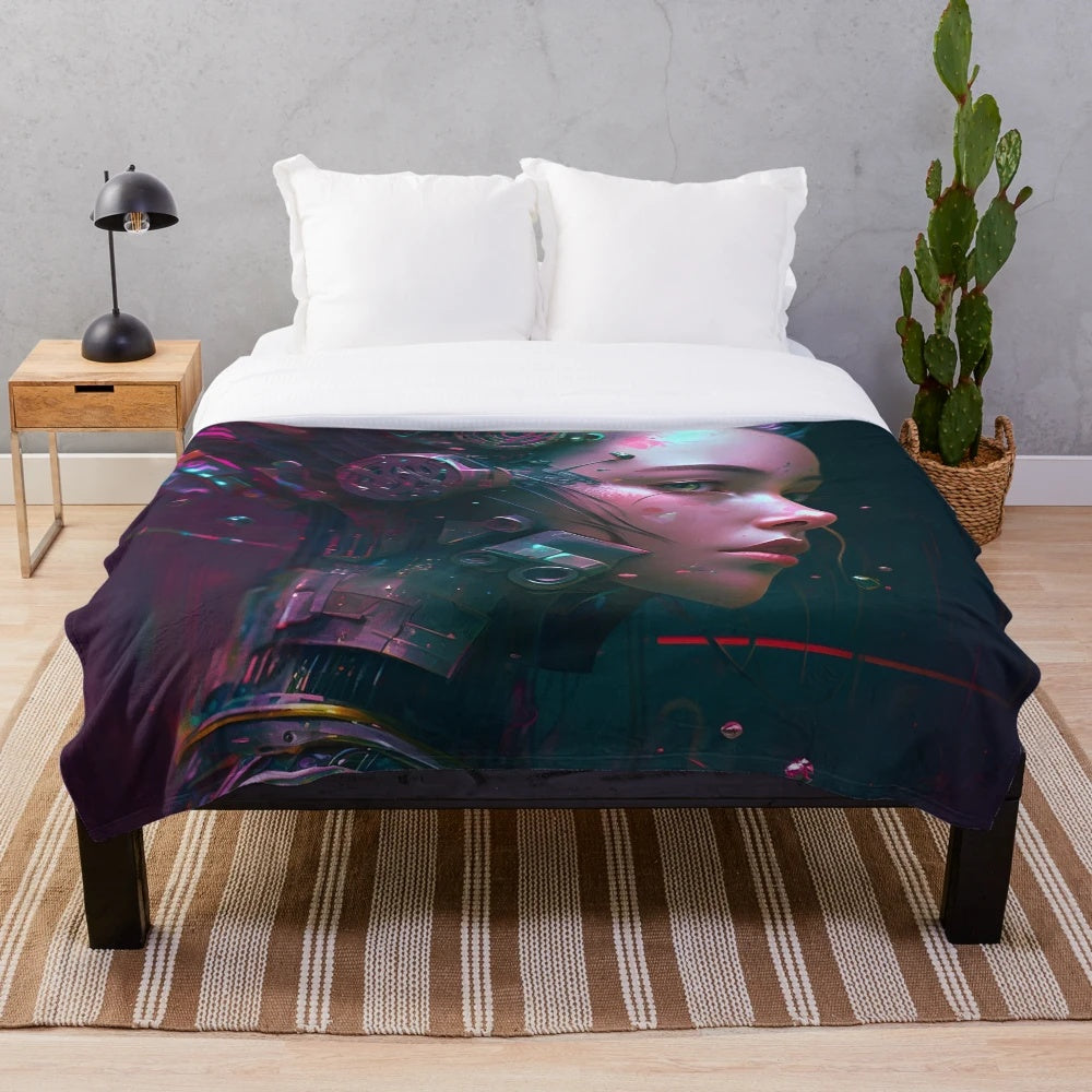 Cyberpunk girl plush blanket with futuristic, neon city design