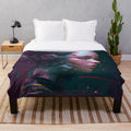 Cyberpunk girl plush blanket with futuristic, neon city design