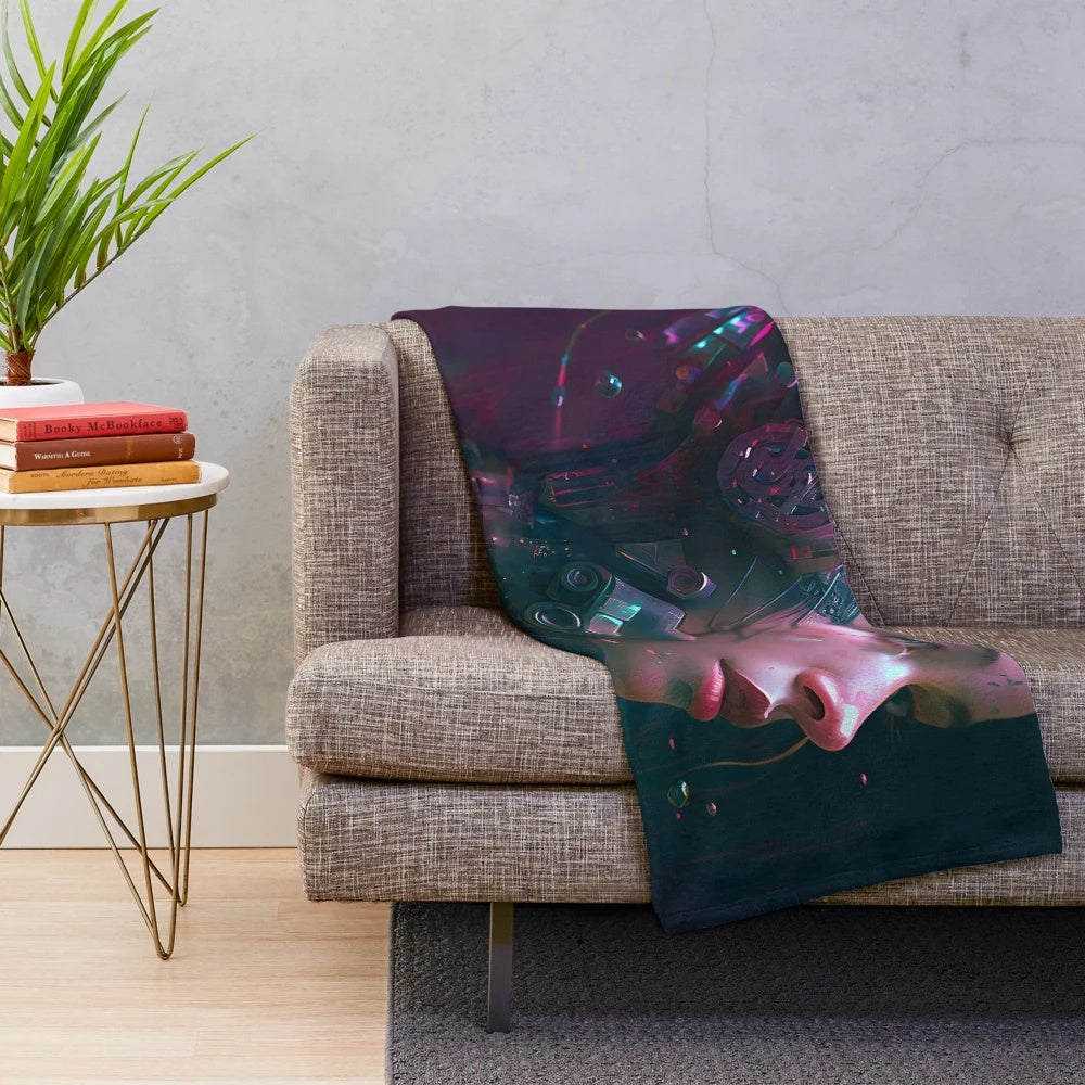 Cyberpunk girl plush blanket with futuristic, neon city design