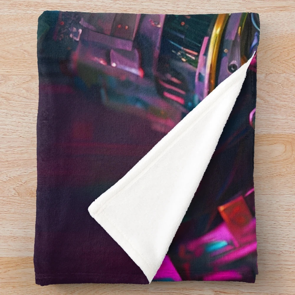 Cyberpunk girl plush blanket with futuristic, neon city design