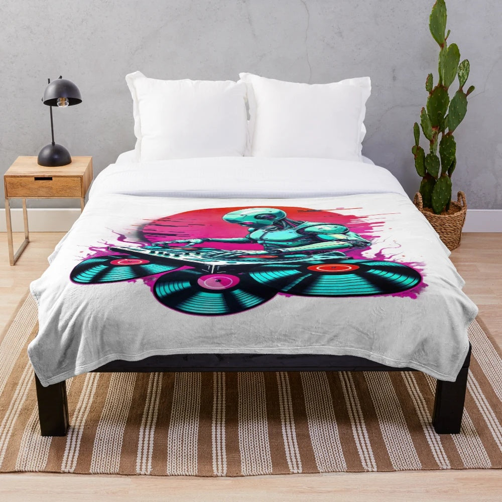 Plush blanket with cyberpunk-inspired cyborg DJ and electronic music art