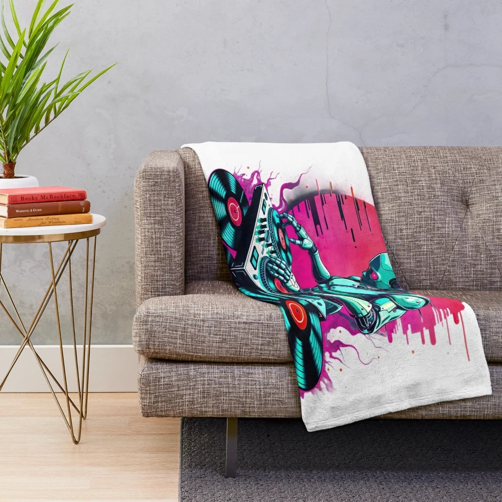Plush blanket with cyberpunk-inspired cyborg DJ and electronic music art