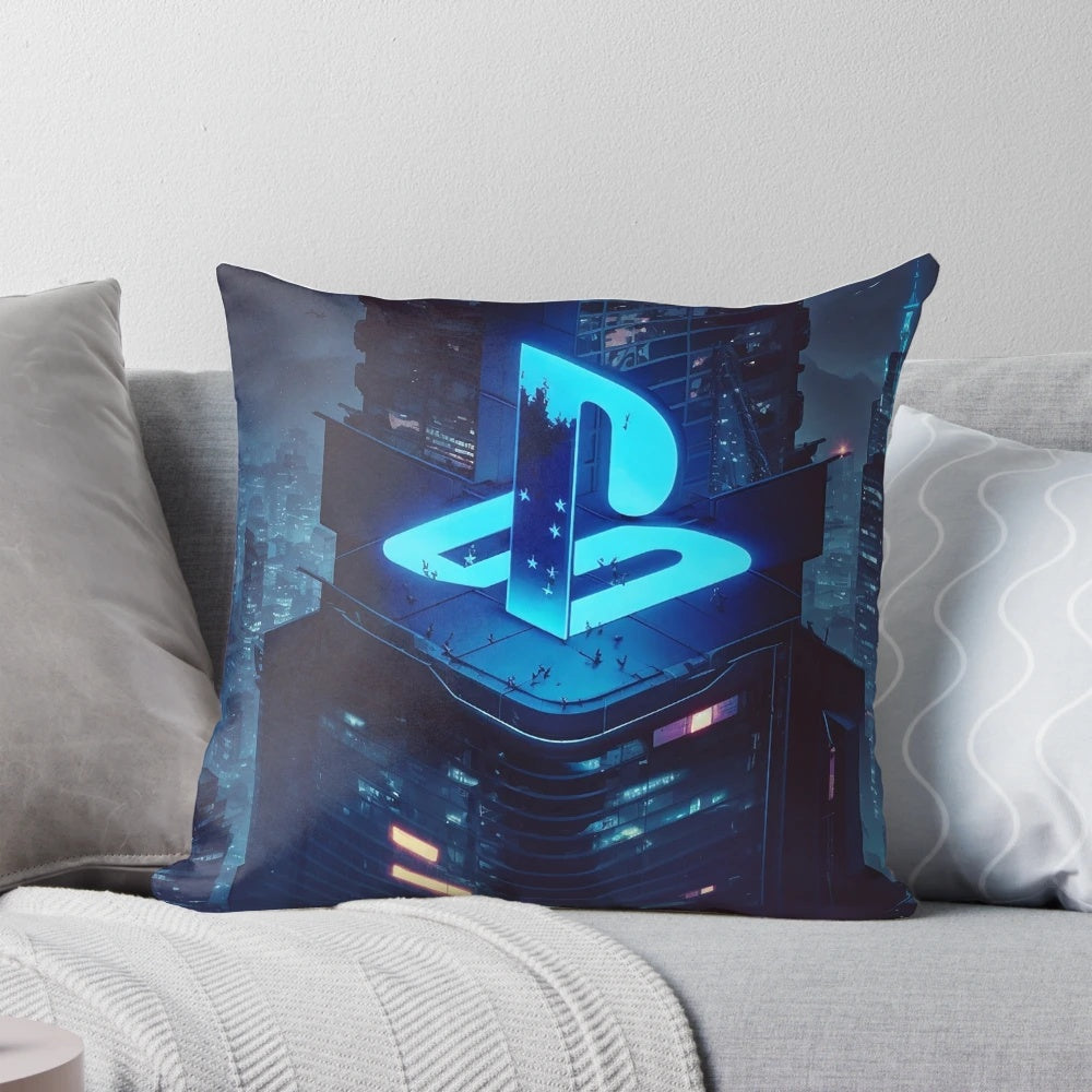 Plush pillow featuring a futuristic city skyline and Playstation logo