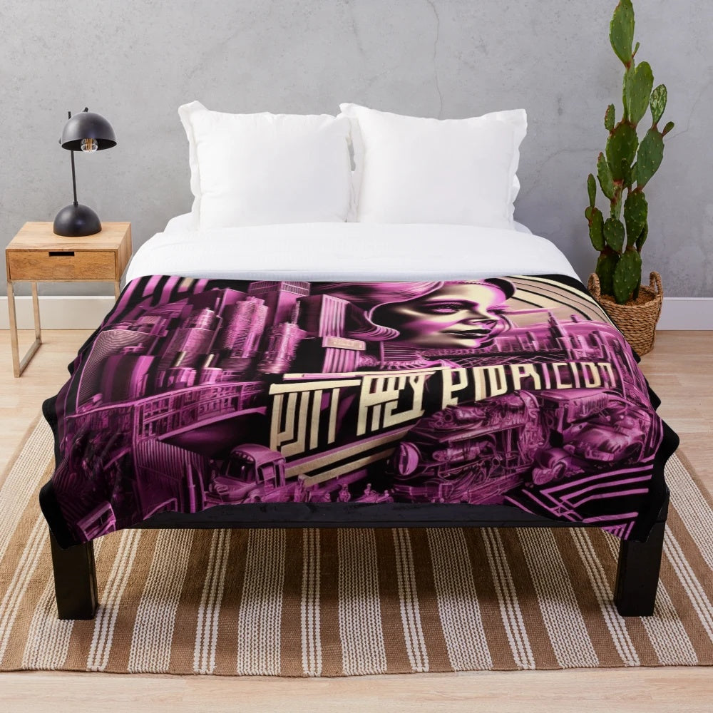 Futuristic Metropolis City Plush Blanket with Movie Theater and Light Games Motif