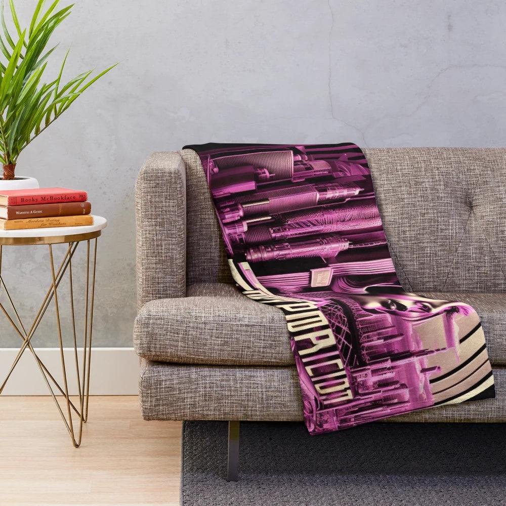 Futuristic Metropolis City Plush Blanket with Movie Theater and Light Games Motif