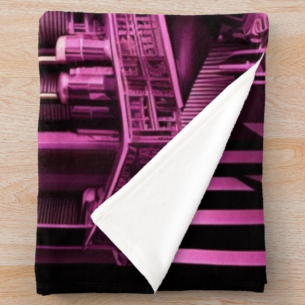 Futuristic Metropolis City Plush Blanket with Movie Theater and Light Games Motif