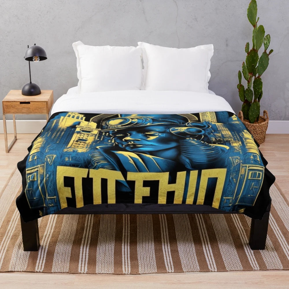Futuristic Metropolis City Plush Blanket with Cinematic Designs