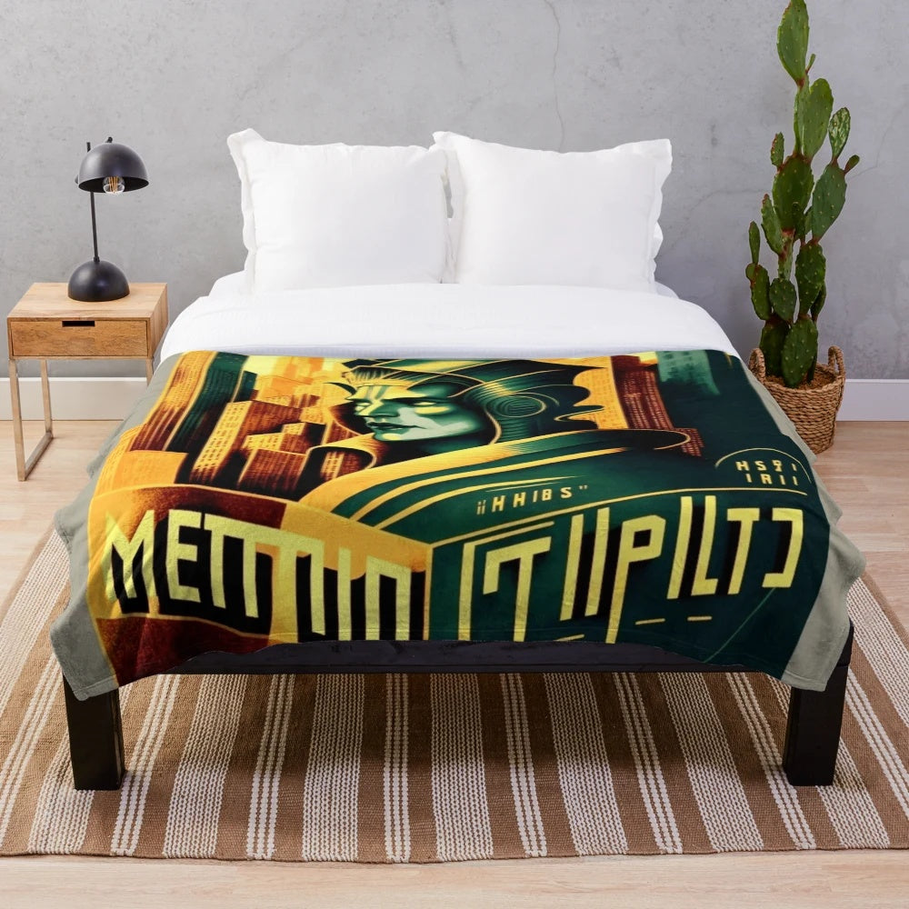 Futuristic Metropolis City themed plush blanket with cinema, light, and games design