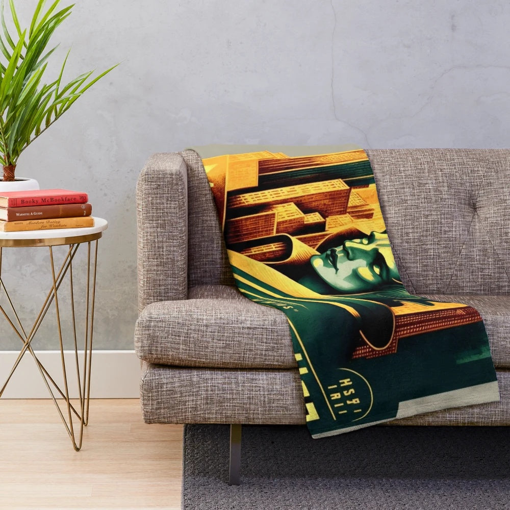 Futuristic Metropolis City themed plush blanket with cinema, light, and games design