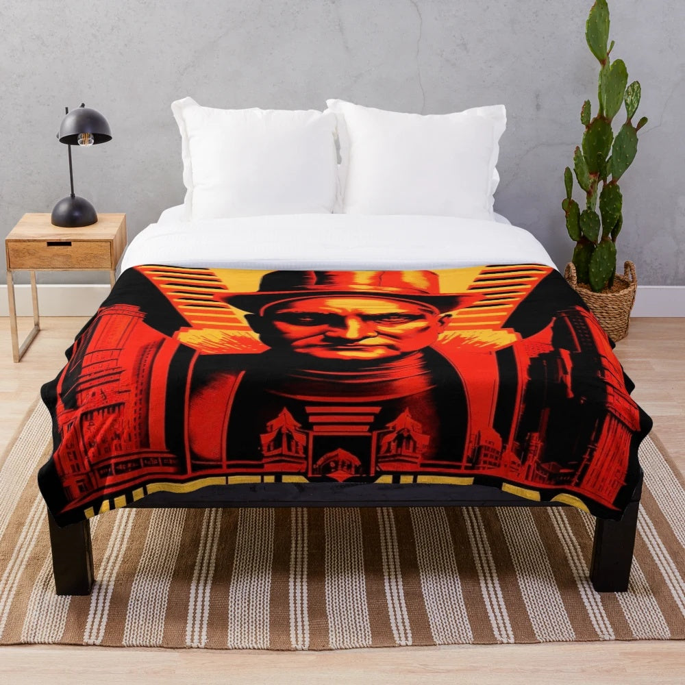 Plush blanket with futuristic Metropolis city, cinema, and light game design