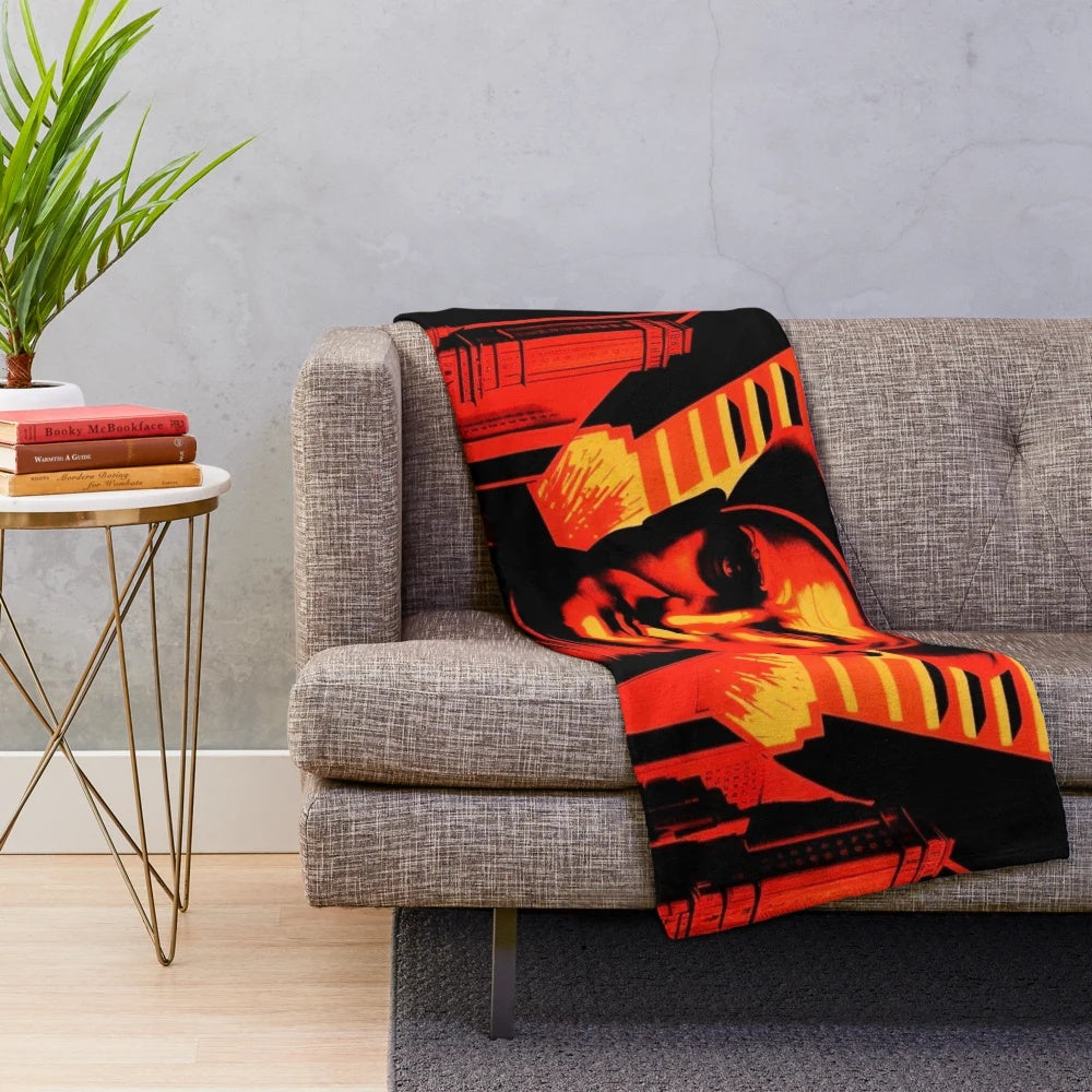 Plush blanket with futuristic Metropolis city, cinema, and light game design