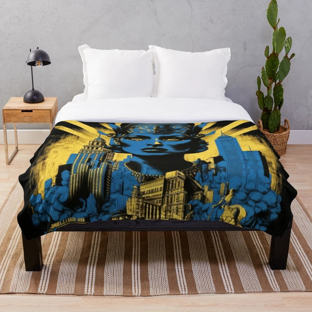 Plush blanket featuring a futuristic Metropolis city movie theater design