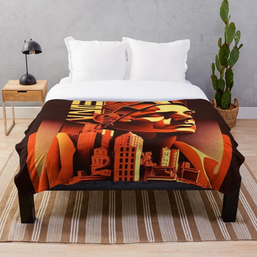 Futuristic Metropolis City Plush Blanket with Cinema Lighting and Movie Theater Decor