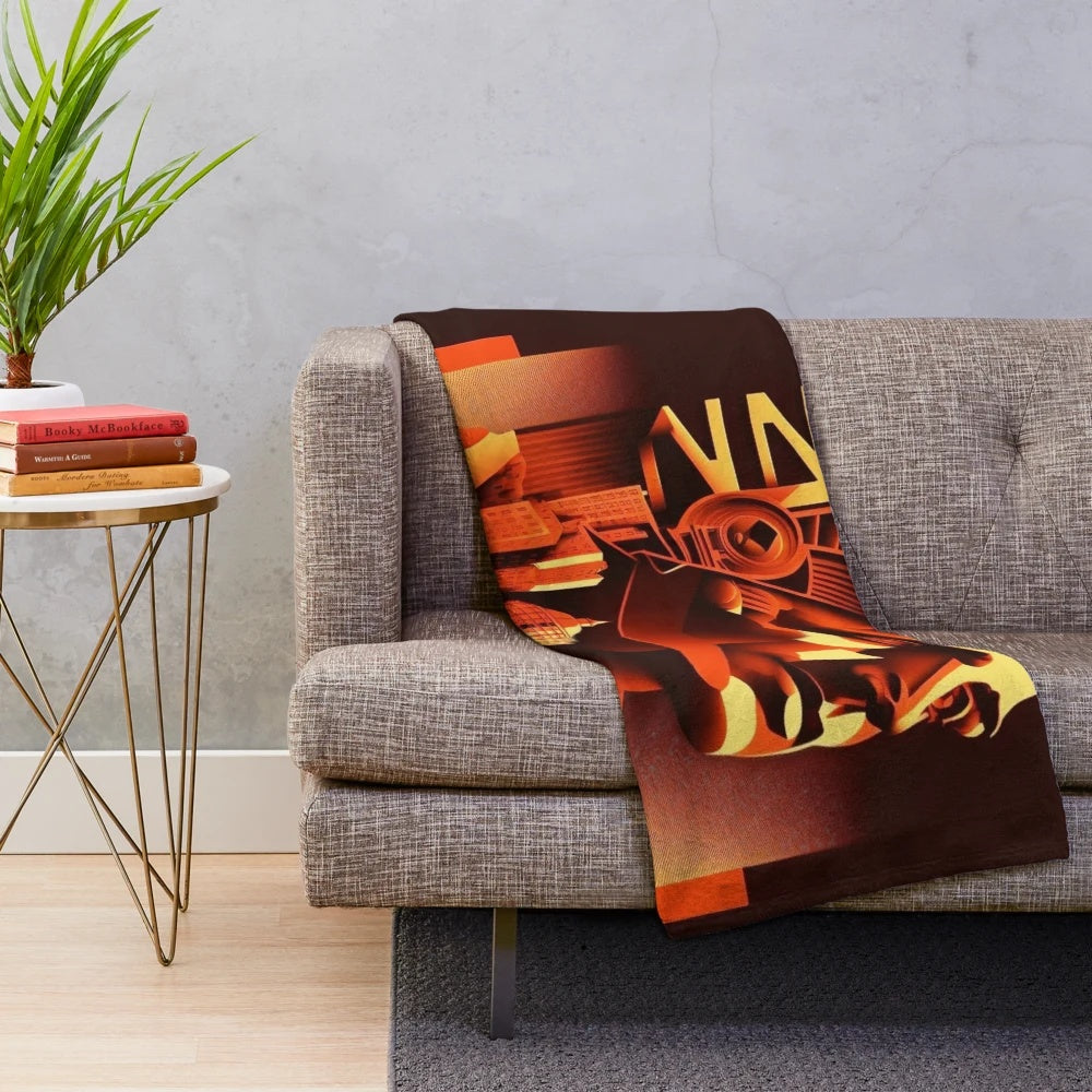 Futuristic Metropolis City Plush Blanket with Cinema Lighting and Movie Theater Decor