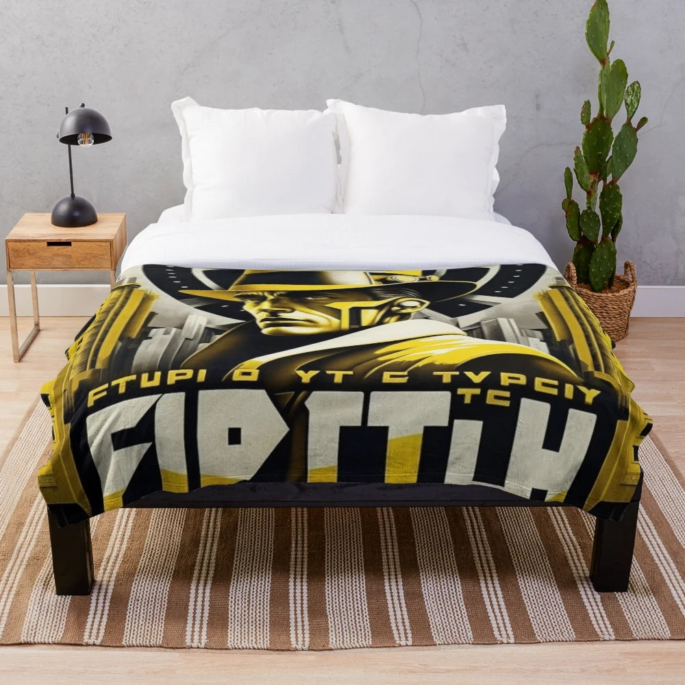 Plush blanket with futuristic movie-inspired cinema lighting and art in yellow, black, and gold colors