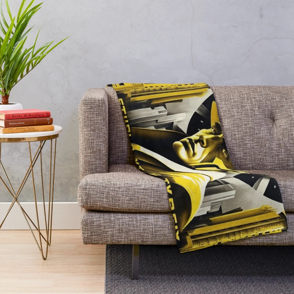 Plush blanket with futuristic movie-inspired cinema lighting and art in yellow, black, and gold colors