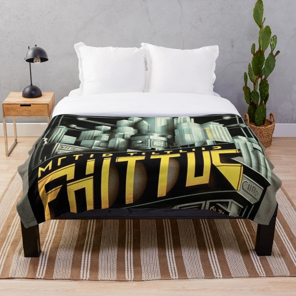 Futuristic plush blanket with abstract gray, black, and yellow cinema-inspired design