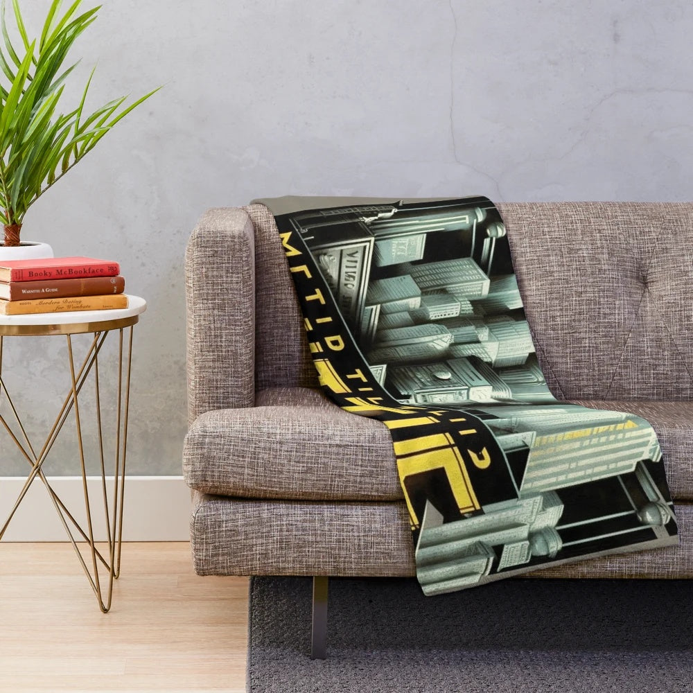 Futuristic plush blanket with abstract gray, black, and yellow cinema-inspired design
