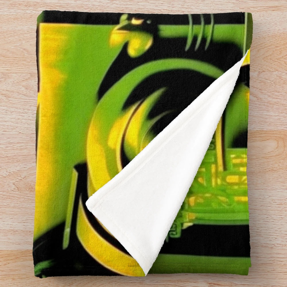 Futuristic city plush blanket with geometric movie theater design in green, black, and yellow