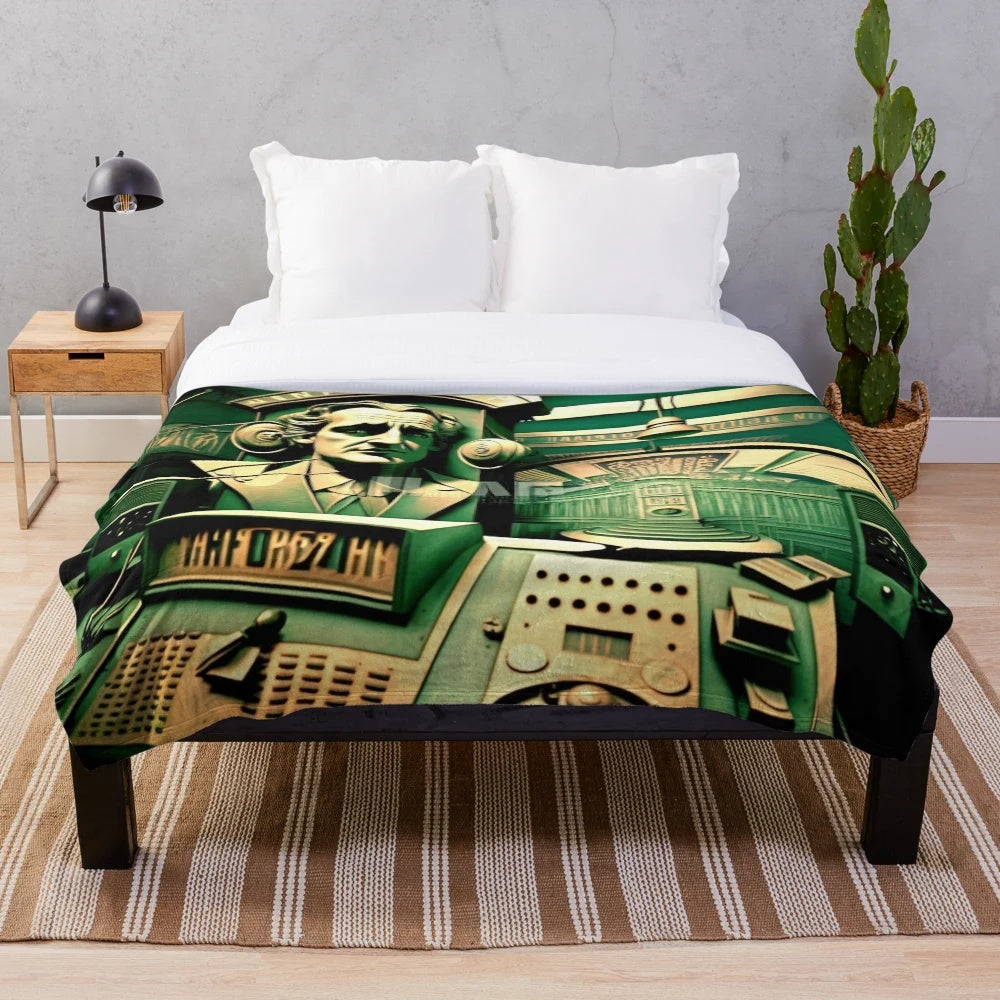 Futuristic plush blanket with cinematic design elements in black, green, white, and beige