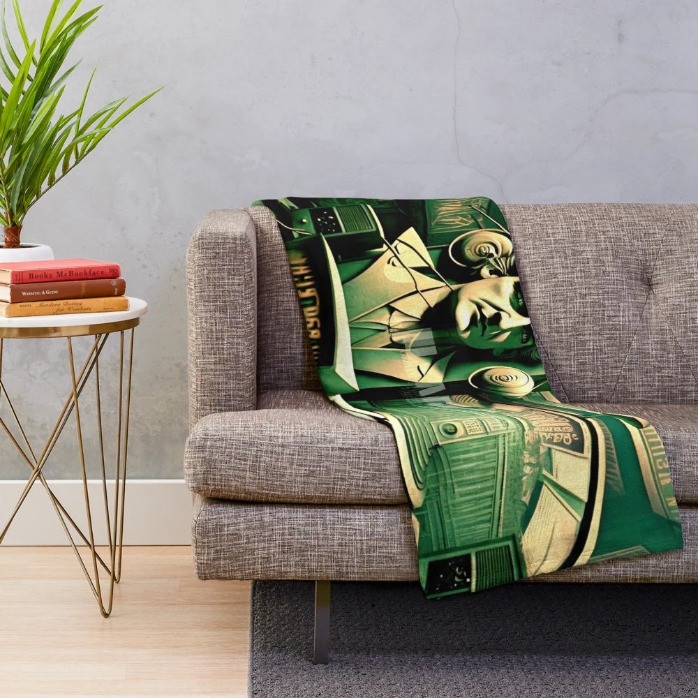 Futuristic plush blanket with cinematic design elements in black, green, white, and beige