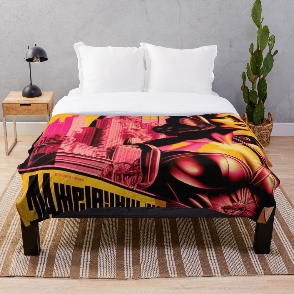 Futuristic plush blanket with geometric, retro-inspired cinema and city-inspired motifs