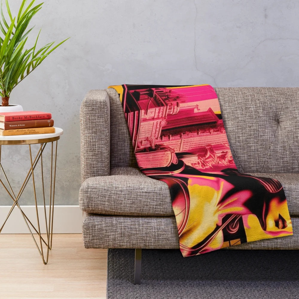 Futuristic plush blanket with geometric, retro-inspired cinema and city-inspired motifs