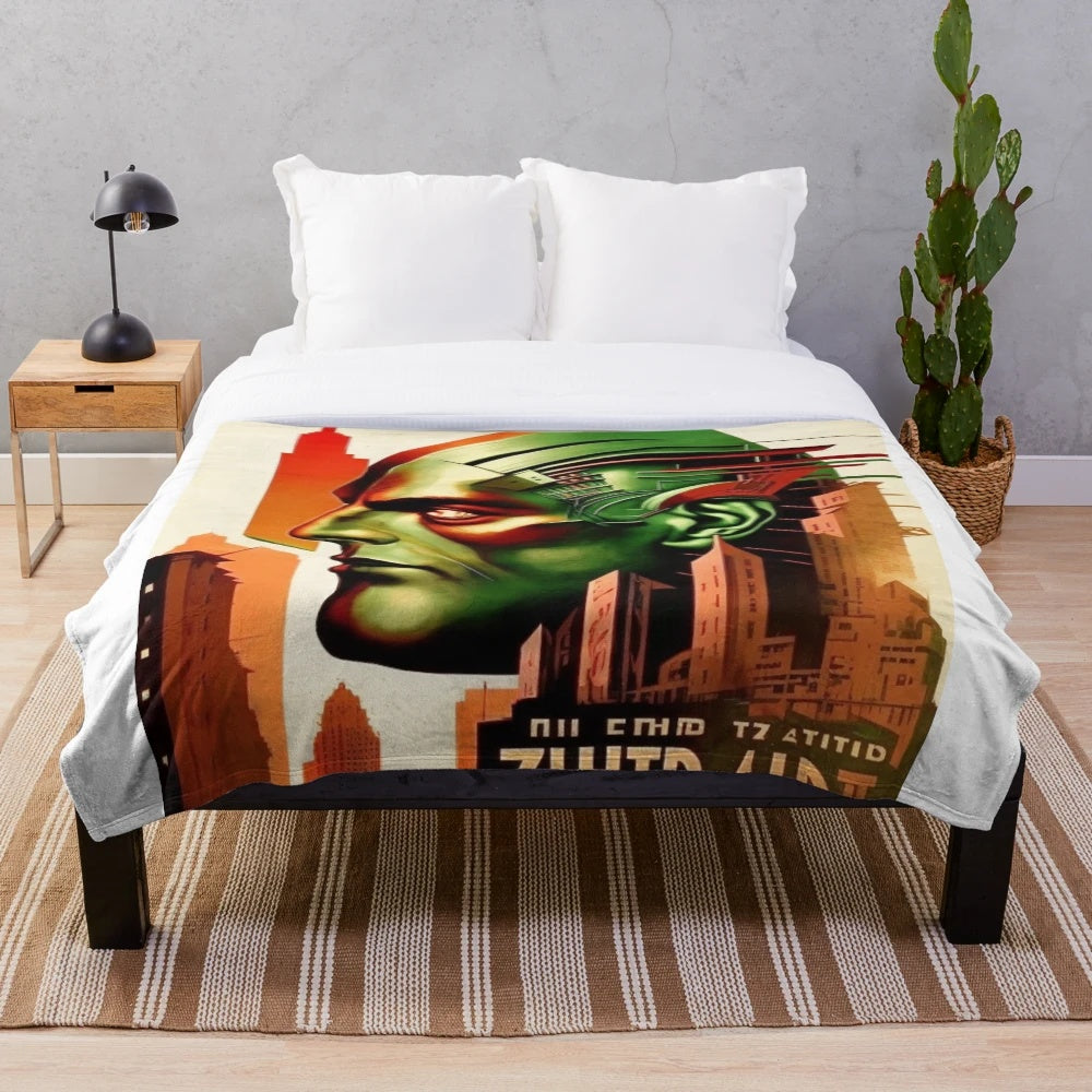 Futuristic plush blanket featuring a cinema-inspired geometric design in vibrant colors