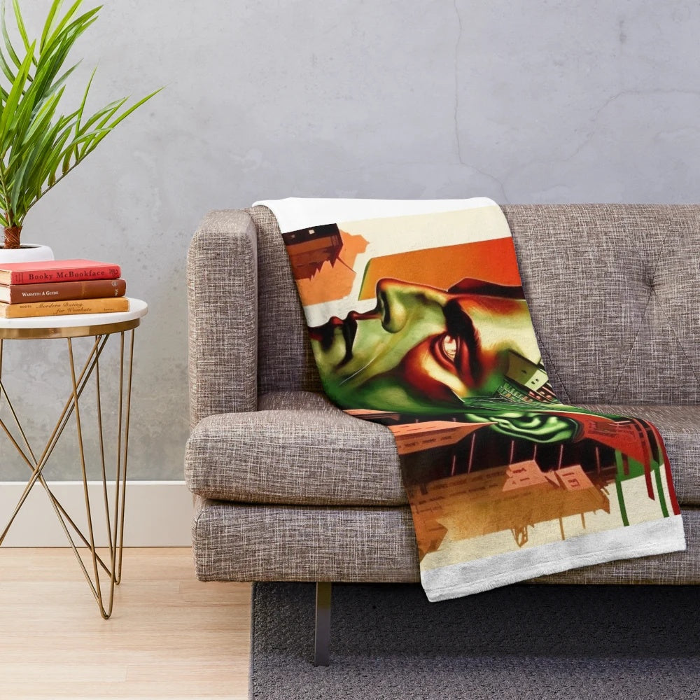 Futuristic plush blanket featuring a cinema-inspired geometric design in vibrant colors