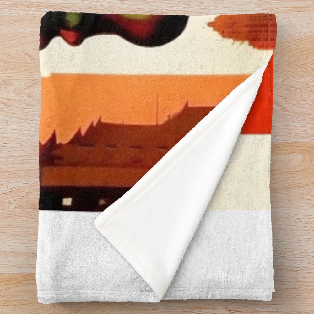 Futuristic plush blanket featuring a cinema-inspired geometric design in vibrant colors