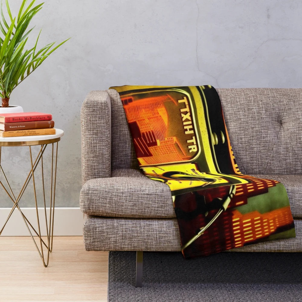 Futuristic plush blanket with retro cinema and gaming design