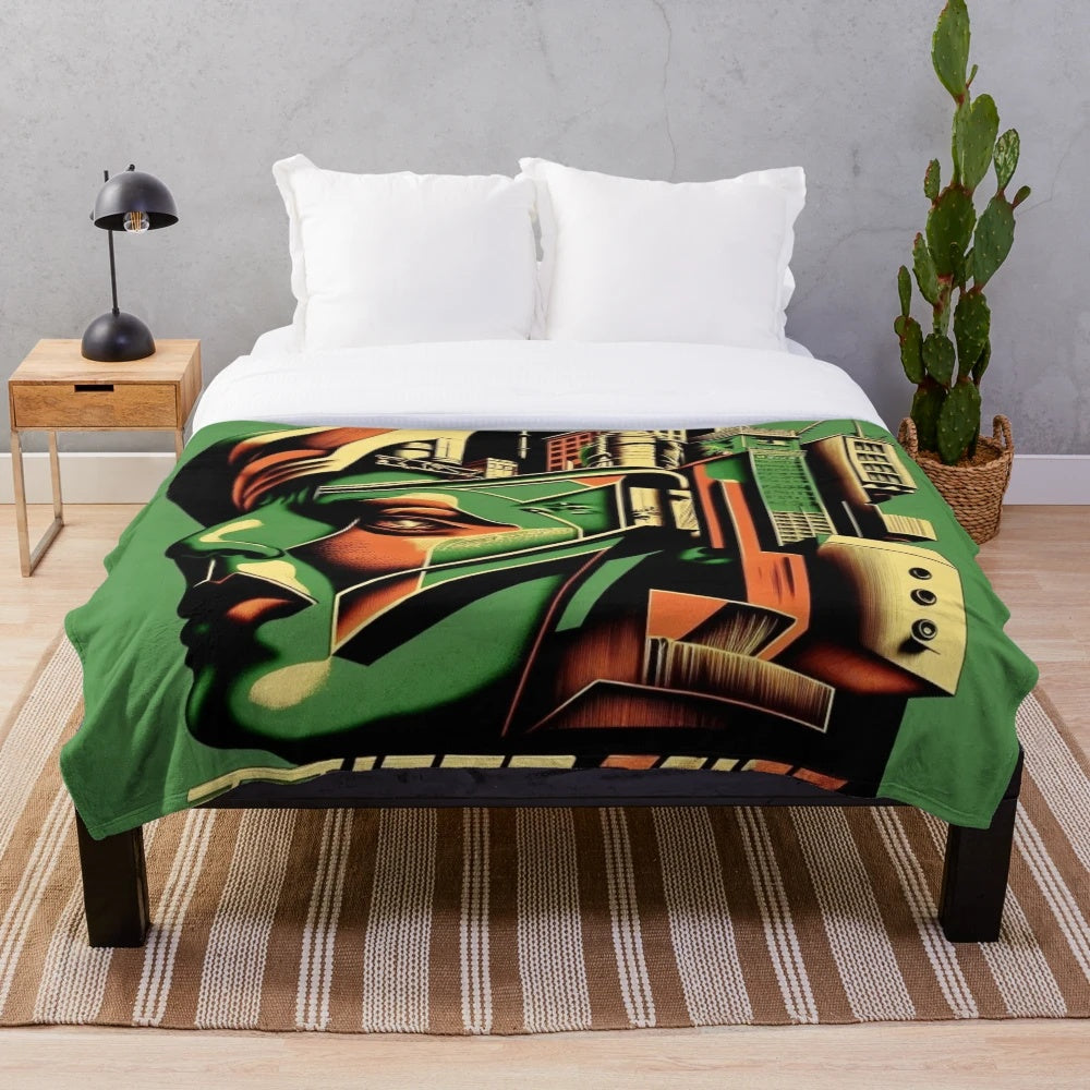 Futuristic plush blanket with abstract cityscape and cinema lighting effects